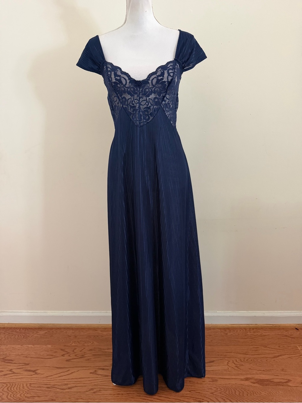 Vintage Blue Nightgown Size L Petra Fashions Satin Lace USA made 80s 90s Slip